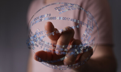 Abstract image of a person interacting with a digital data sphere, representing technology, innovation, and interconnectedness. Perfe