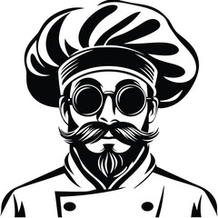 Bearded chef with glasses and toque is monochrome, embodying culinary artistry masterfully