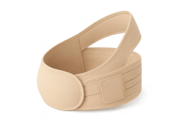 Beige orthopedic lumbar back support belt, isolated on transparent background for posture.