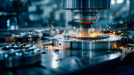 Precision machining process with sparks flying in a high-tech factory setting