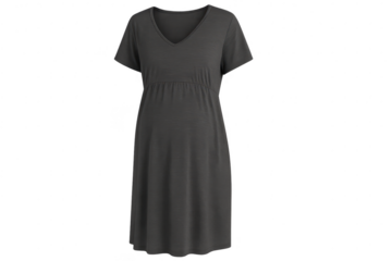 Dark gray maternity dress, V-neck, short sleeves, isolated, transparent.