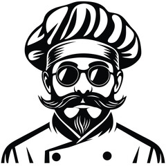 Chef with distinctive beard, mustache, and spectacles commands attention in monochrome presentation