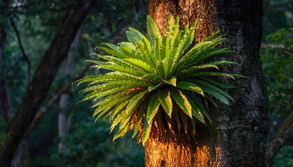 Bird&rsquo;s nest fern (Asplenium nidus) growing naturally attached to a tree trunk in a tropical rainforest. The natural ecosystem of humid tropical forests. 