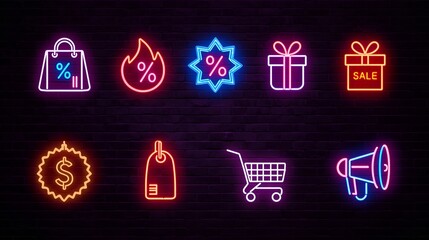 Neon Sale Icons Vector Set: Glowing Shopping, Discount, and E-commerce Symbols on Dark Brick Wall Background