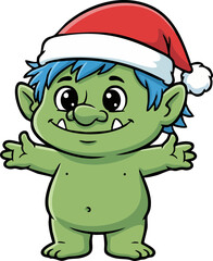 Obraz premium Friendly green monster wearing a Santa hat and smiling
