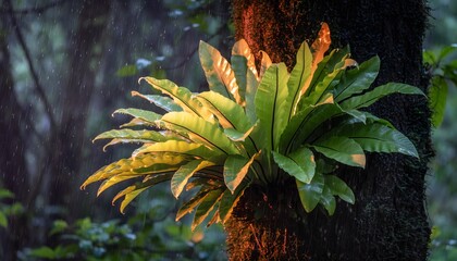 Bird&rsquo;s nest fern (Asplenium nidus) growing naturally attached to a tree trunk in a tropical rainforest. The natural ecosystem of humid tropical forests. 