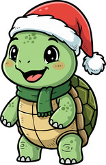 Fototapeta premium Cute cartoon turtle wearing Santa hat and scarf happy Christmas