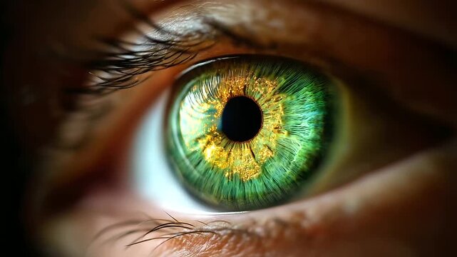 Extreme macro shot of human eye, detailed green iris with golden specks, black pupil, sharp focus on iris, eyelashes, skin texture visible, dark background enhances eye detail, mac