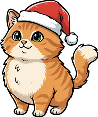 Cute cartoon ginger cat wearing a Santa hat for Christmas celebration