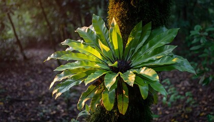 Bird&rsquo;s nest fern (Asplenium nidus) growing naturally attached to a tree trunk in a tropical rainforest. The natural ecosystem of humid tropical forests. 
