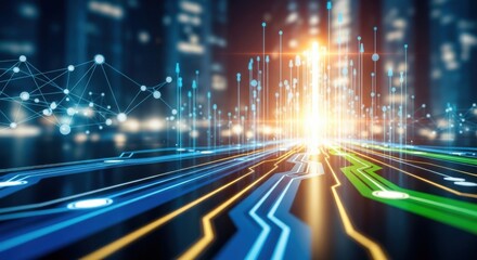 Futuristic network connection shows glowing lines and nodes representing data flow in a digital city landscape symbolizing advanced technology concepts like artificial intelligence global communicati