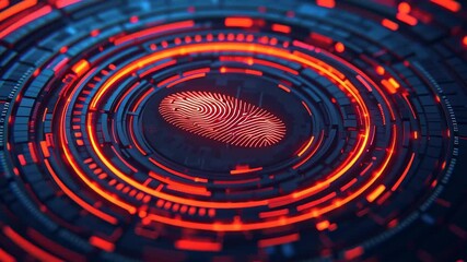 A fingerprint surrounded by glowing circular patterns in blue and red. - Powered by Adobe