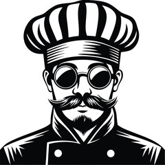 Black and white chef portrait showcases a mustache, beard, and round glasses within his ensemble
