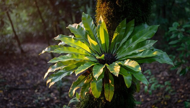 Bird&rsquo;s nest fern (Asplenium nidus) growing naturally attached to a tree trunk in a tropical rainforest. The natural ecosystem of humid tropical forests. 