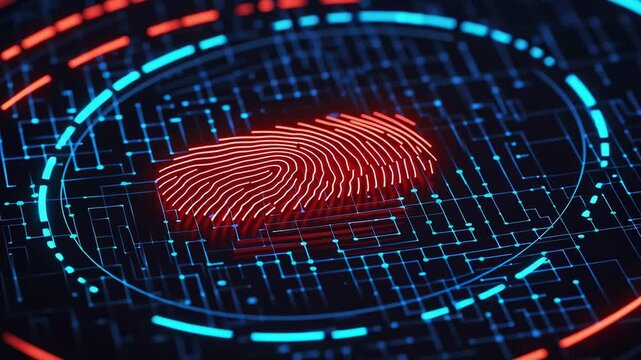 A digital fingerprint design with blue and red glowing lines.