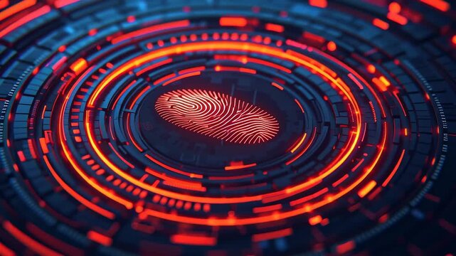 A fingerprint surrounded by glowing circular patterns in blue and red.