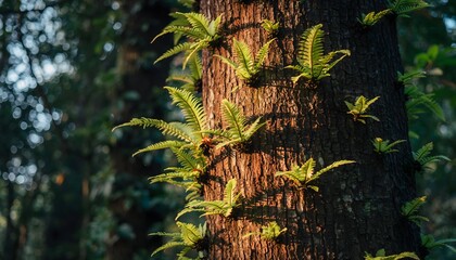 Bird&rsquo;s nest fern (Asplenium nidus) growing naturally attached to a tree trunk in a tropical rainforest. The natural ecosystem of humid tropical forests. 