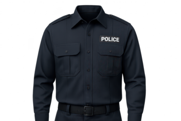 Police uniform shirt, dark blue, 'POLICE' patch, isolated, transparent B.G.
