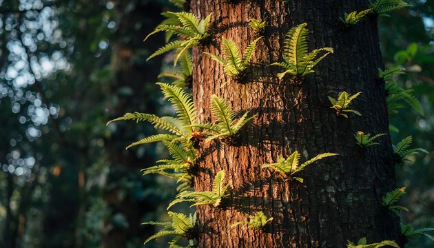 Bird&rsquo;s nest fern (Asplenium nidus) growing naturally attached to a tree trunk in a tropical rainforest. The natural ecosystem of humid tropical forests. 