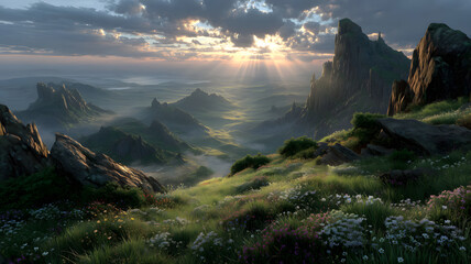 Sun rays illuminate a breathtaking mountain landscape with lush greenery and rocky peaks under a cloudy sky at golden hour