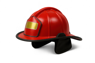 Protective red firefighter helmet isolated on transparent background.