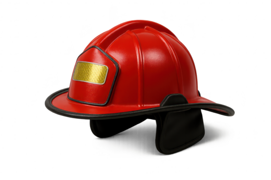Protective red firefighter helmet isolated on transparent background.