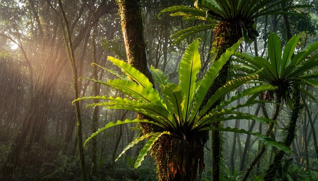 Bird&rsquo;s nest fern (Asplenium nidus) growing naturally attached to a tree trunk in a tropical rainforest. The natural ecosystem of humid tropical forests. 