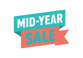 Flat vector banner design text MidYear Sale bold geometric font turquoise and coral palette ribbon folded shape