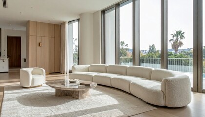 Warm Beige and Gold Luxury Living Room With Boucle Sofa