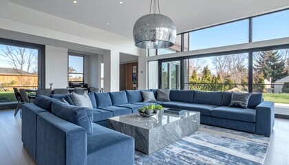 Slate Blue and Silver Luxury Living Room With Modular Sofa