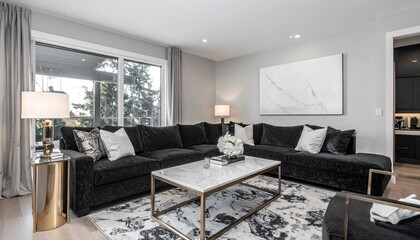 Charcoal and Champagne Living Room With Boucle Sofa and Marble Table
