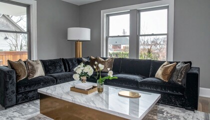 Charcoal and Champagne Living Room With Boucle Sofa and Marble Table