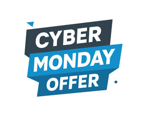 Flat vector banner design text Cyber Monday Offer bold geometric font blue and dark gray palette ribbon folded shape