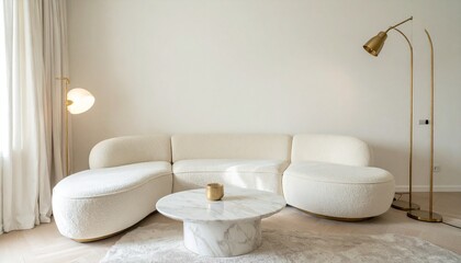 Cream and Pale Gold Living Room With Marble Table and Sculptural Sofa