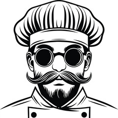 Distinguished chef sporting mustache and round glasses adds character to this black and white design