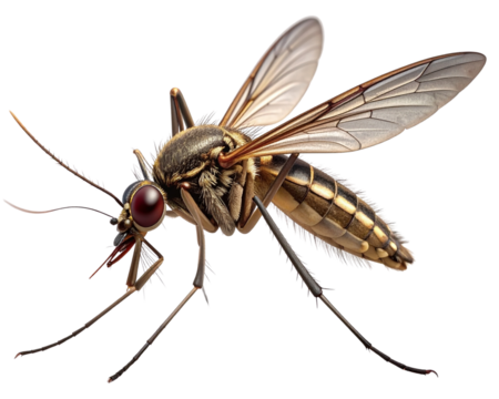 A lifelike 3D model of a mosquito hovering mid-air with light shadow beneath, detaile
