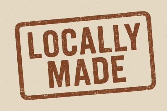Rectangular stamp LOCALLY MADE bold font faded brownish red ink print texture realistic worn surface
