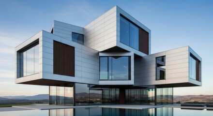 Modern architectural marvel showcases geometric design with reflective pool mirroring the structure under a clear blue sky representing luxury living and innovative construction techniques creating a