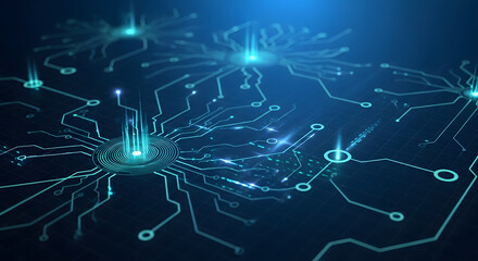 Advanced artificial intelligence concept featuring a glowing digital circuit board with complex data pathways and processing nodes