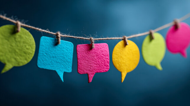 Colorful felt speech bubble shapes hanging on a twine string against a blurred blue background symbolizing communication and dialogue concepts