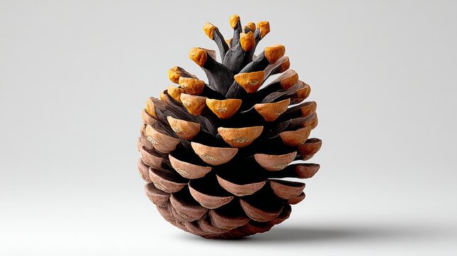 Pine cone is shown in a close up. The pine cone is brown and has a black tip