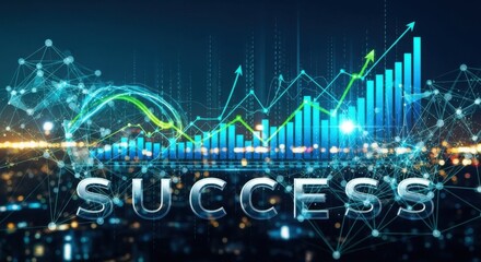 Success is visualized through an upward trending financial graph with network connections overlaying a cityscape representing business growth investment opportunities and positive market trends in a