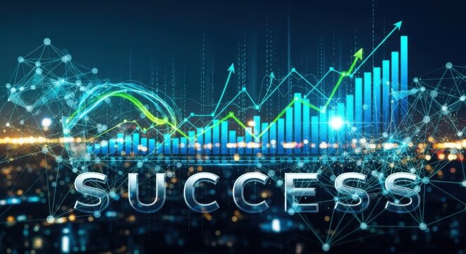 Success is visualized through an upward trending financial graph with network connections overlaying a cityscape representing business growth investment opportunities and positive market trends in a