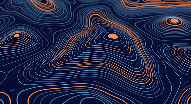 Abstract topographic map with contour lines in blue and orange hues, representing data visualization or geographical elevation - Powered by Adobe