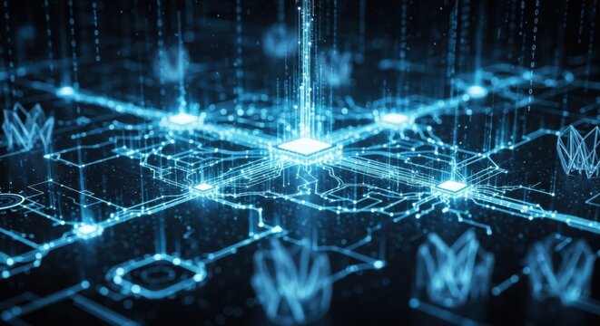 Circuit board glows with futuristic light representing advanced technology and digital connectivity with its intricate network of pathways symbolizing the complex systems of modern computing and inno