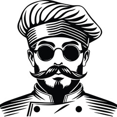 Detailed drawing depicts a mustached chef wearing shades and a traditional chef's hat