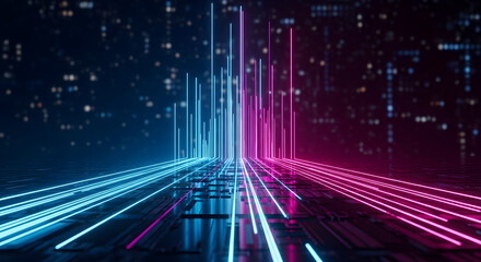 Futuristic digital network of glowing neon lines flowing into the distance, representing technology and data transfer with a vibrant color scheme