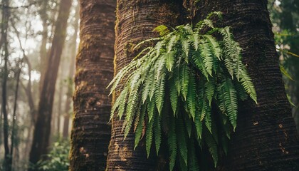 Bird’s nest fern (Asplenium nidus) growing naturally attached to a tree trunk in a tropical rainforest. The natural ecosystem of humid tropical forests. 