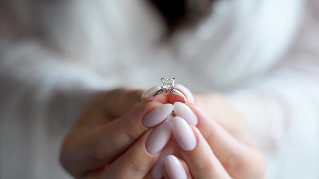 Bride's fingers with milky pink nails holding engagement ring close up view . Preparation bride moments. Morning of the bride. Bride in white fancy robe