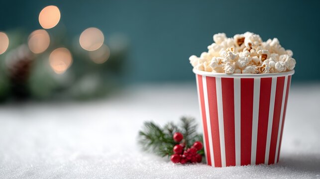 Red and white striped paper cup filled with popcorn. The image has a festive and cozy mood, with the popcorn and pine needles on the snow creating a warm and inviting atmosphere